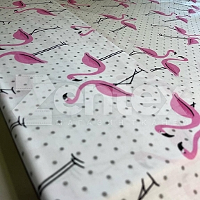Ткань «Розовые фламинго на белом с серыми горошками» купить в Минске