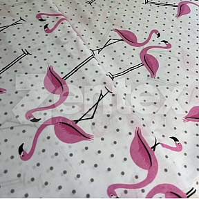 Ткань «Розовые фламинго на белом с розовыми горошками» купить в Минске