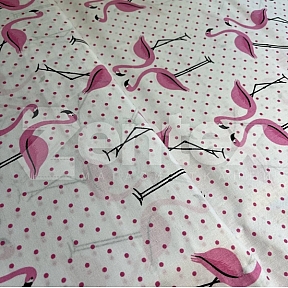 Ткань «Розовые фламинго на белом с розовыми горошками» купить в Минске